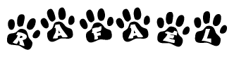 The image shows a row of animal paw prints, each containing a letter. The letters spell out the word Rafael within the paw prints.