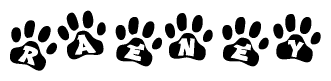 The image shows a series of animal paw prints arranged in a horizontal line. Each paw print contains a letter, and together they spell out the word Raeney.
