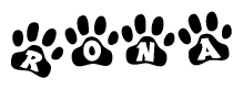The image shows a series of animal paw prints arranged horizontally. Within each paw print, there's a letter; together they spell Rona