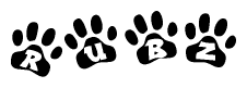 The image shows a series of animal paw prints arranged horizontally. Within each paw print, there's a letter; together they spell Rubz