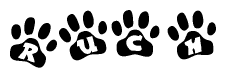 The image shows a row of animal paw prints, each containing a letter. The letters spell out the word Ruch within the paw prints.