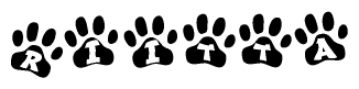 The image shows a row of animal paw prints, each containing a letter. The letters spell out the word Riitta within the paw prints.