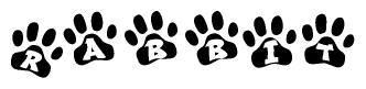 The image shows a row of animal paw prints, each containing a letter. The letters spell out the word Rabbit within the paw prints.