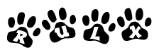 The image shows a row of animal paw prints, each containing a letter. The letters spell out the word Rulx within the paw prints.