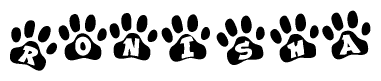 The image shows a series of animal paw prints arranged horizontally. Within each paw print, there's a letter; together they spell Ronisha