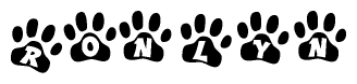 The image shows a series of animal paw prints arranged in a horizontal line. Each paw print contains a letter, and together they spell out the word Ronlyn.