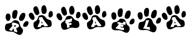 The image shows a series of animal paw prints arranged horizontally. Within each paw print, there's a letter; together they spell Rafaela
