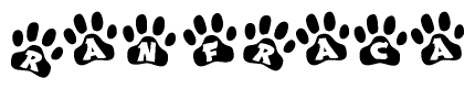 The image shows a series of animal paw prints arranged horizontally. Within each paw print, there's a letter; together they spell Ranfraca