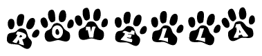 The image shows a series of animal paw prints arranged in a horizontal line. Each paw print contains a letter, and together they spell out the word Rovella.