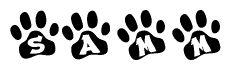 The image shows a row of animal paw prints, each containing a letter. The letters spell out the word Samm within the paw prints.