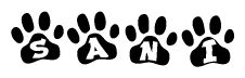 The image shows a row of animal paw prints, each containing a letter. The letters spell out the word Sani within the paw prints.