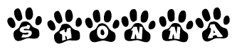 The image shows a series of animal paw prints arranged in a horizontal line. Each paw print contains a letter, and together they spell out the word Shonna.