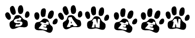 The image shows a series of animal paw prints arranged in a horizontal line. Each paw print contains a letter, and together they spell out the word Seaneen.