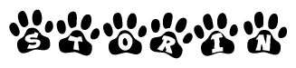 The image shows a series of animal paw prints arranged in a horizontal line. Each paw print contains a letter, and together they spell out the word Storin.