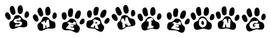 The image shows a series of animal paw prints arranged in a horizontal line. Each paw print contains a letter, and together they spell out the word Shermieong.
