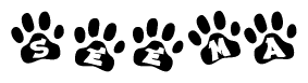 The image shows a series of animal paw prints arranged in a horizontal line. Each paw print contains a letter, and together they spell out the word Seema.