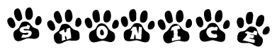 The image shows a series of animal paw prints arranged horizontally. Within each paw print, there's a letter; together they spell Shonice