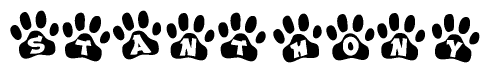 The image shows a series of animal paw prints arranged horizontally. Within each paw print, there's a letter; together they spell Stanthony