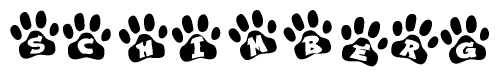 The image shows a series of animal paw prints arranged in a horizontal line. Each paw print contains a letter, and together they spell out the word Schimberg.