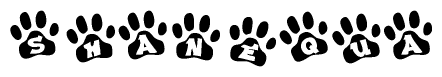 The image shows a series of animal paw prints arranged in a horizontal line. Each paw print contains a letter, and together they spell out the word Shanequa.
