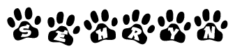 The image shows a row of animal paw prints, each containing a letter. The letters spell out the word Sehryn within the paw prints.