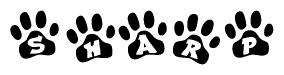 The image shows a series of animal paw prints arranged horizontally. Within each paw print, there's a letter; together they spell Sharp