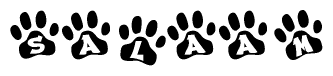 The image shows a series of animal paw prints arranged horizontally. Within each paw print, there's a letter; together they spell Salaam