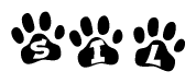 The image shows a series of animal paw prints arranged horizontally. Within each paw print, there's a letter; together they spell Sil