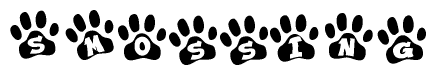 The image shows a series of animal paw prints arranged in a horizontal line. Each paw print contains a letter, and together they spell out the word Smossing.