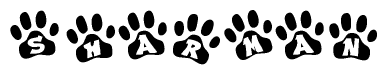 The image shows a series of animal paw prints arranged in a horizontal line. Each paw print contains a letter, and together they spell out the word Sharman.