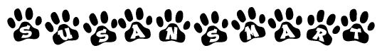 The image shows a series of animal paw prints arranged in a horizontal line. Each paw print contains a letter, and together they spell out the word Susansmart.
