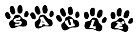 The image shows a series of animal paw prints arranged in a horizontal line. Each paw print contains a letter, and together they spell out the word Saule.