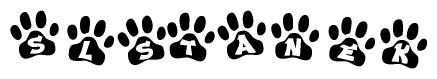 The image shows a row of animal paw prints, each containing a letter. The letters spell out the word Slstanek within the paw prints.