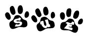 The image shows a series of animal paw prints arranged horizontally. Within each paw print, there's a letter; together they spell Sue