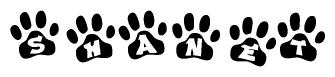The image shows a row of animal paw prints, each containing a letter. The letters spell out the word Shanet within the paw prints.