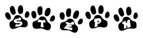 The image shows a series of animal paw prints arranged horizontally. Within each paw print, there's a letter; together they spell Steph