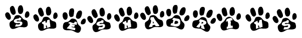 The image shows a series of animal paw prints arranged horizontally. Within each paw print, there's a letter; together they spell Sheshadrihs