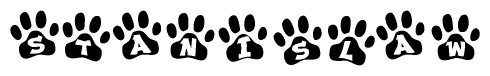 The image shows a series of animal paw prints arranged horizontally. Within each paw print, there's a letter; together they spell Stanislaw