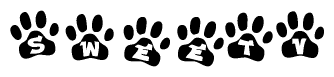 The image shows a row of animal paw prints, each containing a letter. The letters spell out the word Sweetv within the paw prints.