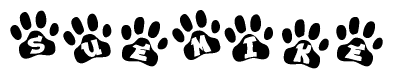 The image shows a row of animal paw prints, each containing a letter. The letters spell out the word Suemike within the paw prints.