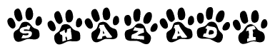 The image shows a row of animal paw prints, each containing a letter. The letters spell out the word Shazadi within the paw prints.