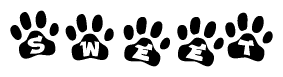 The image shows a series of animal paw prints arranged in a horizontal line. Each paw print contains a letter, and together they spell out the word Sweet.