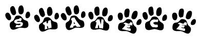 The image shows a series of animal paw prints arranged horizontally. Within each paw print, there's a letter; together they spell Shanece