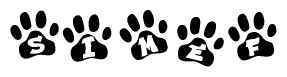 The image shows a series of animal paw prints arranged in a horizontal line. Each paw print contains a letter, and together they spell out the word Simef.
