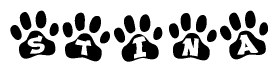 The image shows a row of animal paw prints, each containing a letter. The letters spell out the word Stina within the paw prints.