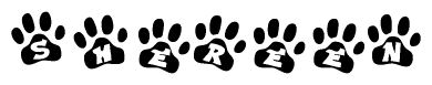 The image shows a series of animal paw prints arranged in a horizontal line. Each paw print contains a letter, and together they spell out the word Shereen.