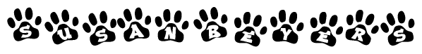 The image shows a row of animal paw prints, each containing a letter. The letters spell out the word Susanbeyers within the paw prints.