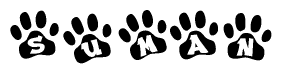 The image shows a series of animal paw prints arranged horizontally. Within each paw print, there's a letter; together they spell Suman
