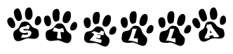 The image shows a series of animal paw prints arranged in a horizontal line. Each paw print contains a letter, and together they spell out the word Stella.