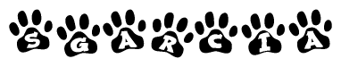 The image shows a series of animal paw prints arranged in a horizontal line. Each paw print contains a letter, and together they spell out the word Sgarcia.